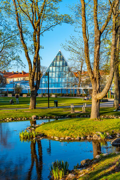 View of a park and a tropical restaurant in Linkoping in Sweden