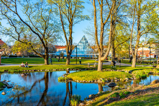 View of a park and a tropical restaurant in Linkoping in Sweden