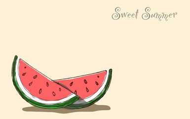 Sweet Summer letting handwriting quote and watermelon. Emotional print with watermelon hand writing quote. slices of watermelons