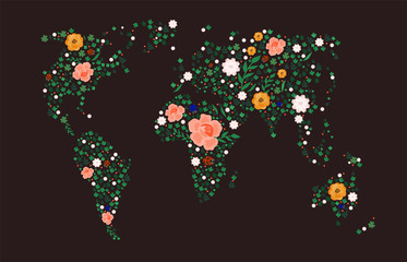 World map of flowers and ladybugs. Vector graphics.