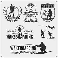 Wakeboarding silhouettes, labels and design elements. Set of emblems for wakeboard club and print design for t-shirt.