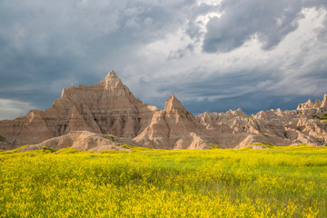Dramatic Sky over Cedar Pass area of Badlands National Park Landsacpe, South Dakota as a...