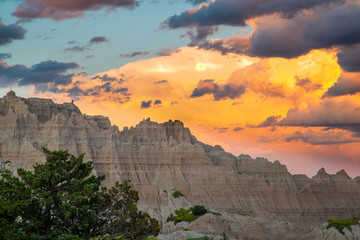 Closeup of the badland formations at sunset from Cedar Pass just after a summer thunderstom passed to the east in Badlands National Park, SD