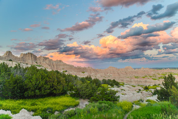 Sunset from Cedar Pass just after a summer thunderstom passed to the east in Badlands National...