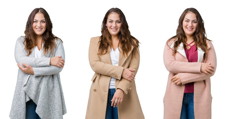 Collage of beautiful plus size woman wearing winter jacket over isolated background happy face smiling with crossed arms looking at the camera. Positive person.