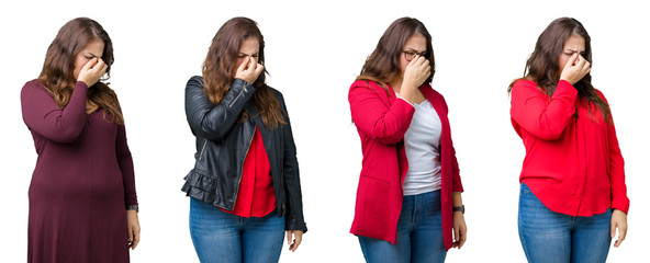 Collage of beautiful plus size business woman over isolated background tired rubbing nose and eyes feeling fatigue and headache. Stress and frustration concept.