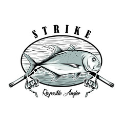 Strike tshirt design. Fishing badge design with Giant trevellay fish. Grey and black colors.