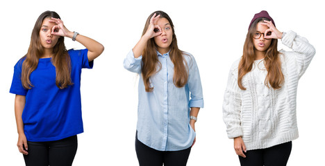 Collage of beautiful young woman over isolated background doing ok gesture shocked with surprised face, eye looking through fingers. Unbelieving expression.