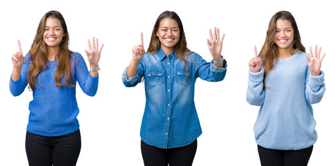 Collage of beautiful young woman over isolated background showing and pointing up with fingers number six while smiling confident and happy.