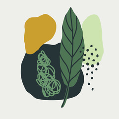 Hand Drawn Background of simple shapes and Tropical leaves in Scandinavian style in green colors. vector illustration
