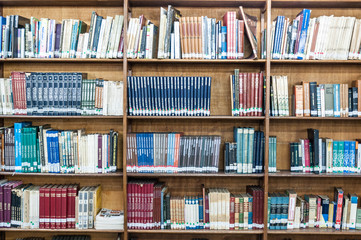 fronwt view of a bookcase filled with books - obrazy, fototapety, plakaty