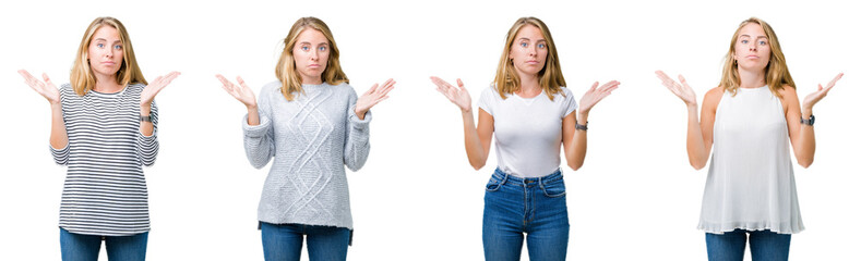 Collage of beautiful blonde woman over white isolated background clueless and confused expression with arms and hands raised. Doubt concept.