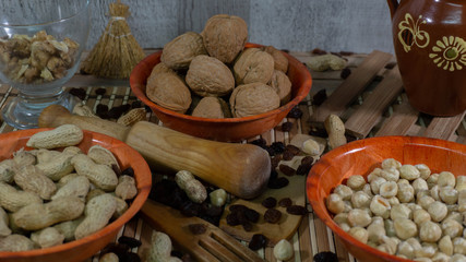 assortment of nuts, hazelnuts, peanuts and raisins