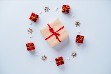 Christmas and New Year background with festive decorations and gift box