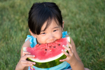 Happy little Asian girl with watermelon in a garden