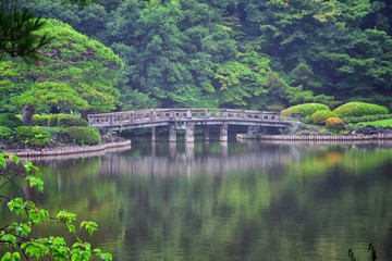 Fototapeta na wymiar Traditional Japanese gardens in public parks in Tokyo, Japan. Views of stone lanterns, lakes, ponds, bonsai and wildlife walking around paths and trails. Asia. 