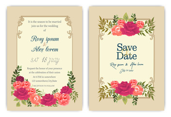 wedding invitation card with colourful floral and leaves.