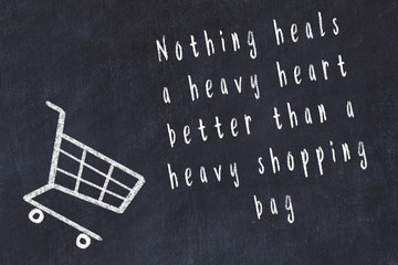 Chalk drawing of shopping cart and short quote about shopping on black board © iushakovsky