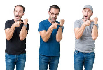 Collage of handsome senior man over white isolated background In hurry pointing to watch time,...