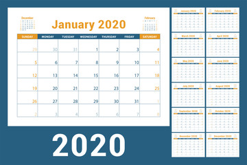 2020 calendar design. English planner. Сolor vector template. Week starts on Sunday. Business planning. New year calender. Clean minimal table