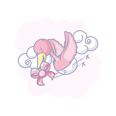 cute stork flying with bow ribbon and clouds