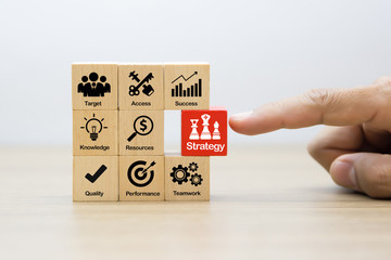 Business Concept for Leadership, Teamwork, Strategy and trust icons on Wood Blocks Concept.