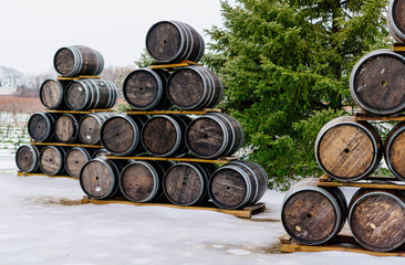 wine barrels outside in the winter