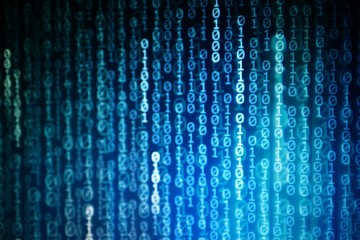 raise of computation power. AI technology is taking over human workforce. Binary code flowing upward. Blue digital theme background.