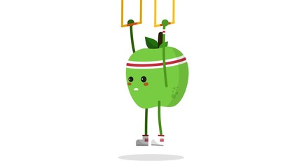 Cute apple pumping up. Apple funny cartoon character doing pullups. Loop animation. Alpha channel. exercising healthy fitness lifestyle