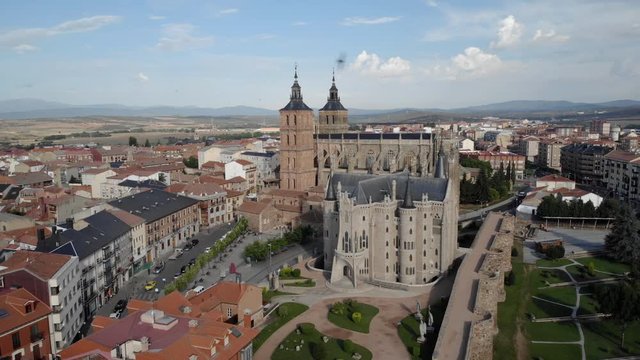 Aerial view of Astorga, Spanish town along Camino de Santiago or Way of St. James. Landscape with buildings and cathedral in Spain seen from drone flying in sky