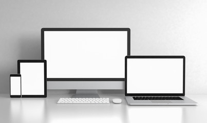 Computer laptop tablet and phone blank screen on white office desk, workspace mock up design illustration 3D rendering