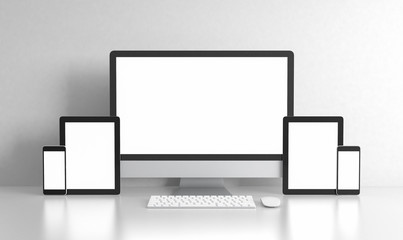 Computer tablet and phone blank screen on white office desk, workspace mock up design illustration 3D rendering