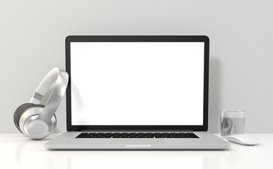Computer laptop blank screen on white office desk, workspace mock up design illustration 3D rendering