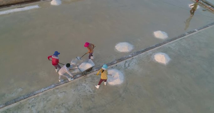 People working on the salt field. The raw white salt field on a sunny day. Royalty high-quality free stock video footage of white salt field in a beach village. Salt is an important food for people