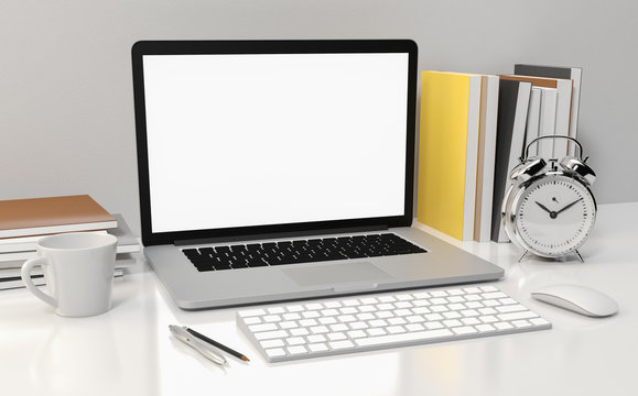 Computer laptop blank screen on white office desk, workspace mock up design illustration 3D rendering