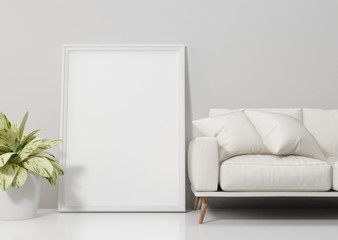 Mock up poster and white sofa in living room, illustration 3d rendering