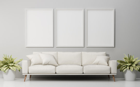 Mock up poster and white sofa in living room, illustration 3d rendering