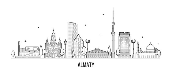 Almaty skyline Kazakhstan linear art city vector - obrazy, fototapety, plakaty