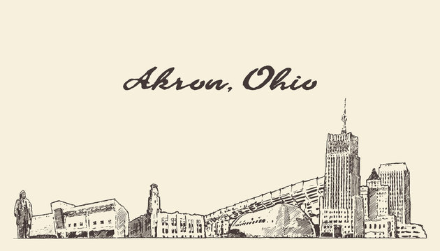Akron skyline Ohio USA hand drawn vector sketch