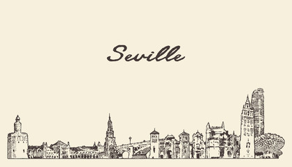 Seville skyline Spain hand drawn vector sketch - obrazy, fototapety, plakaty