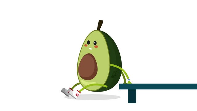 Cute avocado doing reverse push up. Funny avocado cartoon character working out. Adorable kawaii Avocado exercising animation loop with Alpha channel. Eating fruits and vegetables concept for kids 