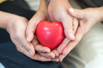 Old couple people hand holding heart shape together as express  happy love life wellbeing.