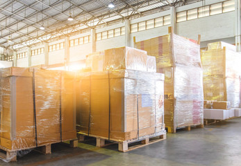 Cargo Pallets Boxes Wrapped Plastic Film on Pallets Rack in Storage Warehouse. Supplies. Storehouse...