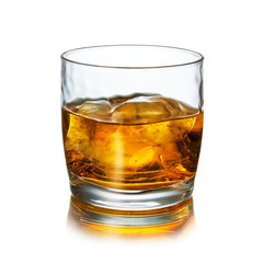Glass of scotch whiskey on a white background