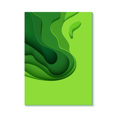 Abstract green flyer in cut paper style. Cutout grass wave template for save the Earth posters, ecology brochures, presentations, invitations with place for text. Vector card illustration.