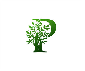 P Logo Letter Created From Tree Branches and Leaves. Tree Letter Design with Ecology Concept..