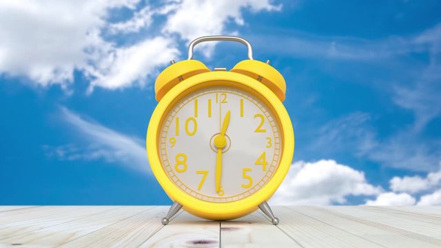 Yellow clock on table and sky time lapse on the bright sky. Minimal and Break time idea concept. The beginning of time 12.00 run fast to 01.00. Timelapse moving fast, 3D Render.