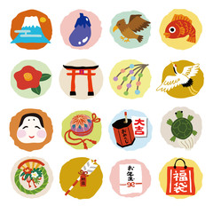 かわいい年賀状、お正月素材手描き風イラストセット