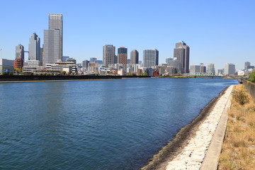 Obraz premium 隅田川下流地域に広がるビルの街並み