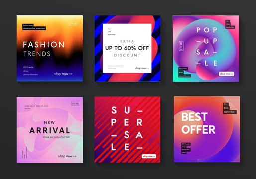 Set of modern sale banners. Trendy fluid gradient and liquid color backgrounds. Futuristic promo posters vector design.